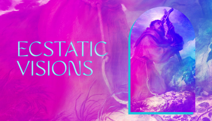A promotion picture for Ecstatic Visions with a 17th century painting and splashes of color